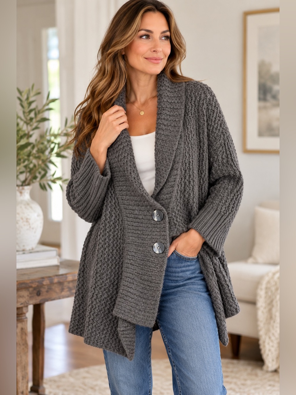 J.Jill Alpaca Wool Chunky Knit Shawl Collar Cardigan Sweater Gray XL Langerlook